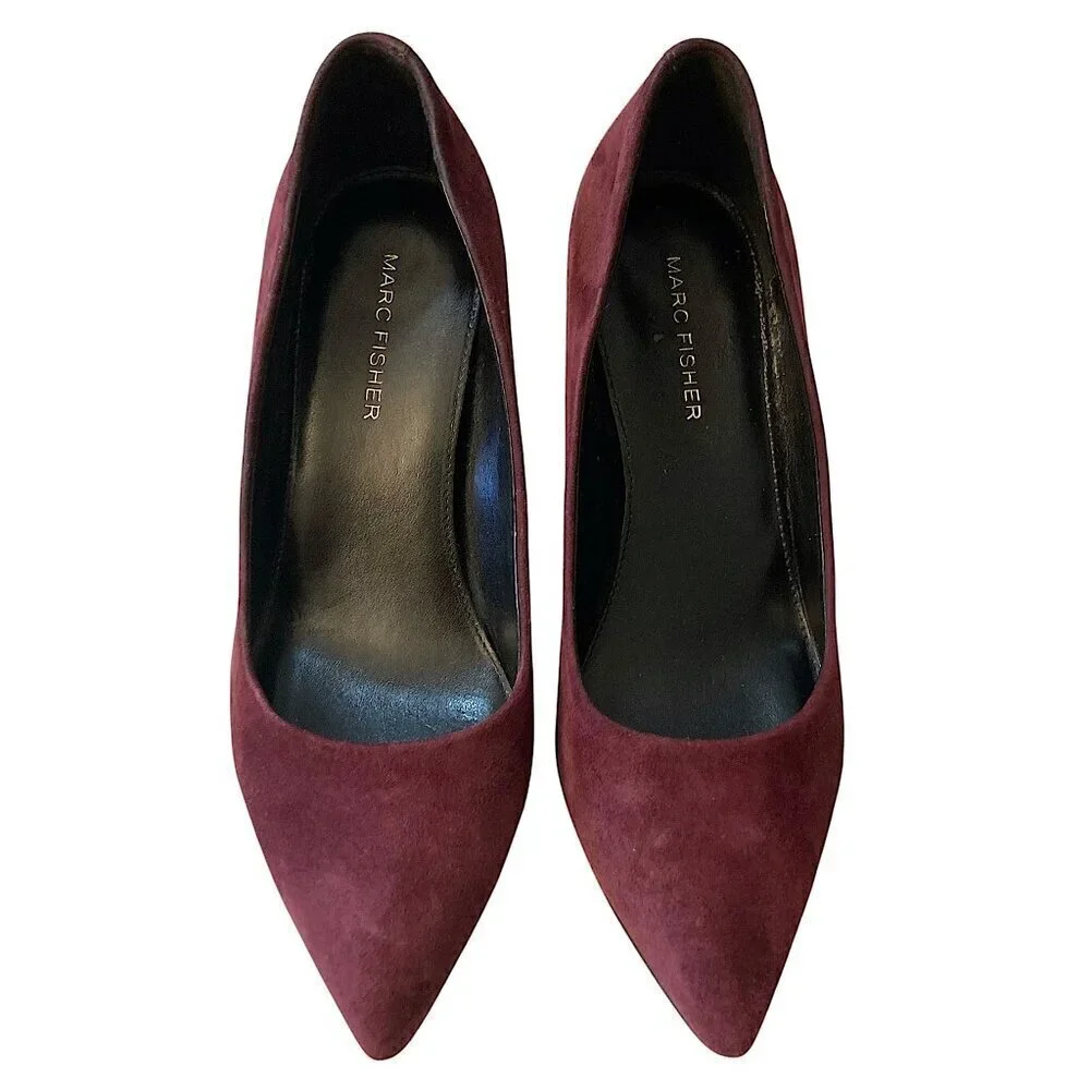 MARC FISHER Suede Pointed Toe Stacked Block Heel Pumps Eggplant Purple
